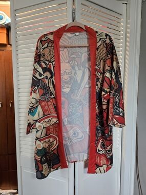 Orangey Red Multicolor Printed Satin Kimono Robe with Graphic Motif